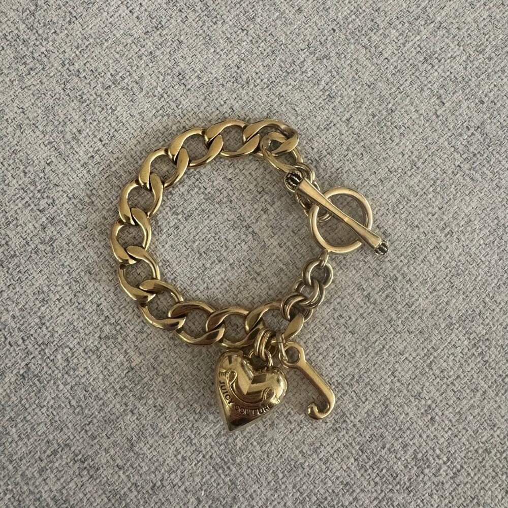 Juicy Couture Gold Toned Puffy Heart Charm Bracelet 7 Inches